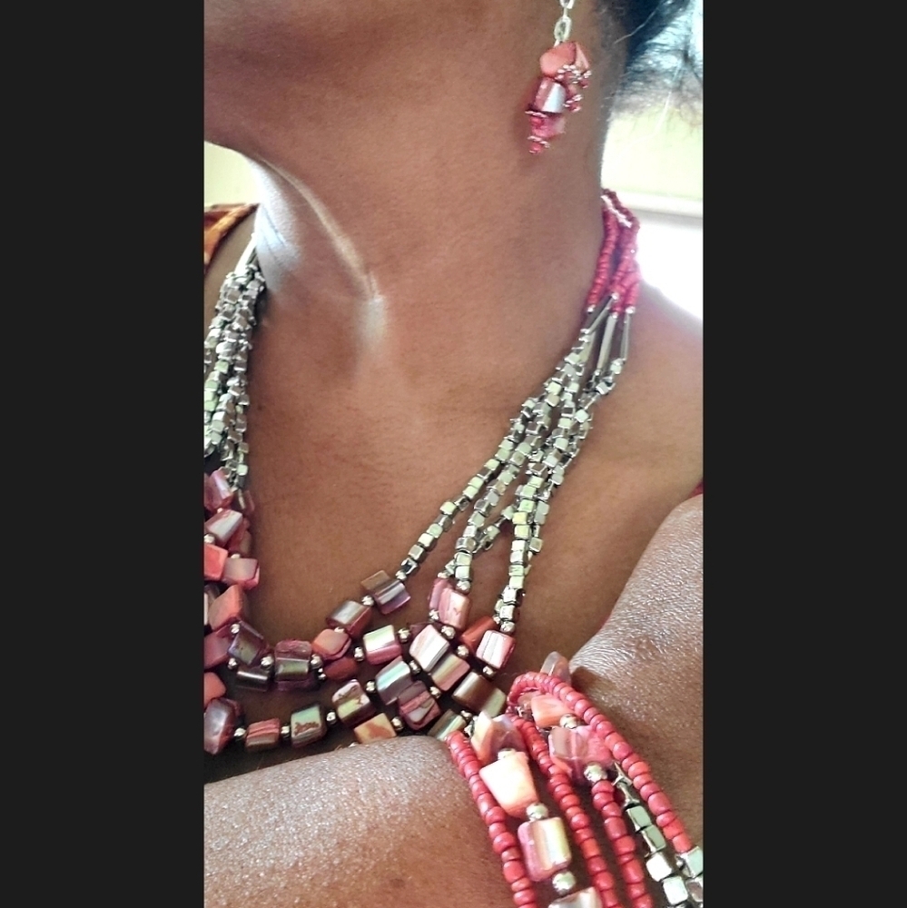 5 Strands Red & Silver Beads and shell Necklace, Wrap bracelet, and Earrings set